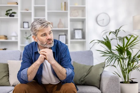 Older man on a couch thinking